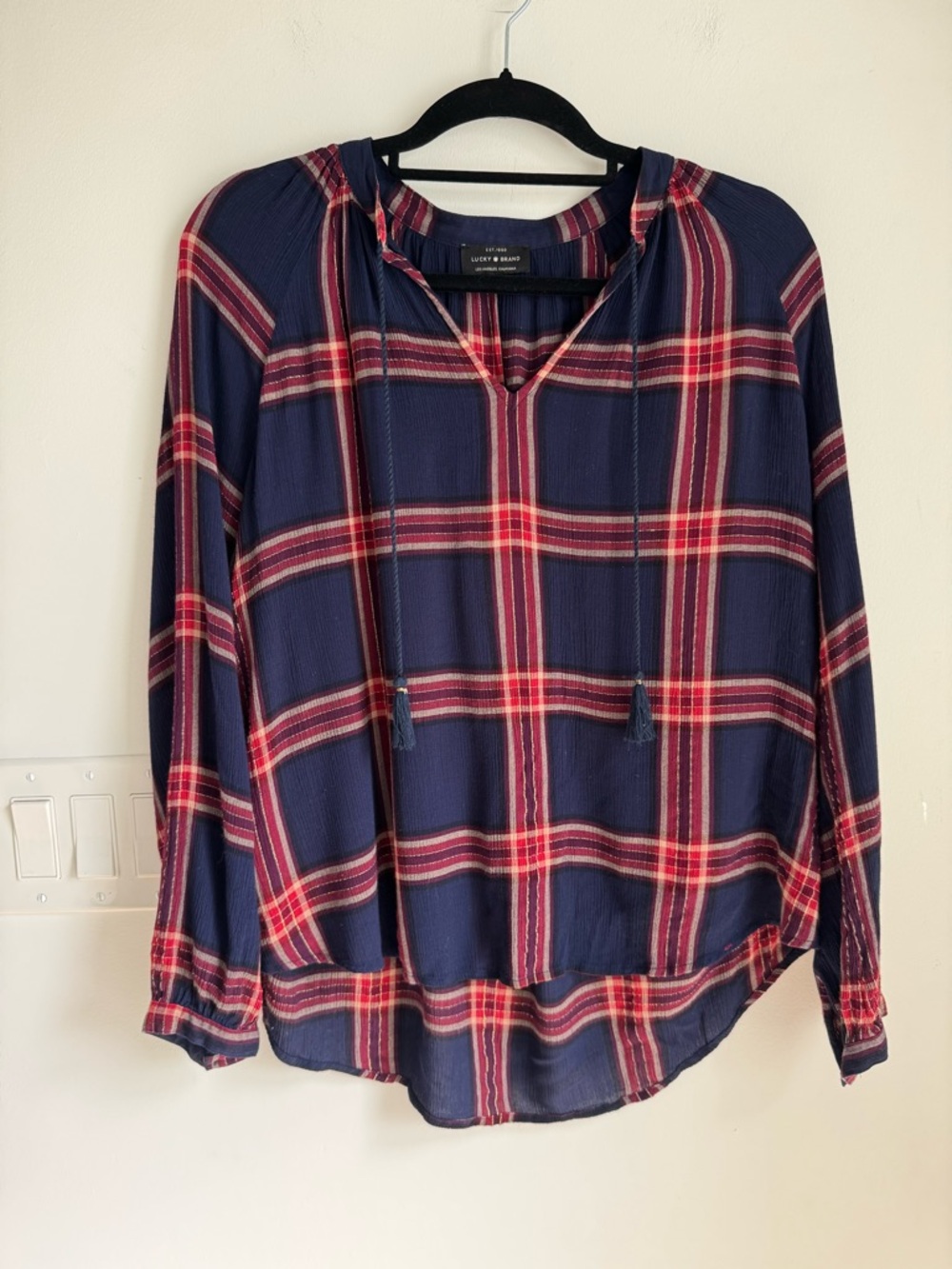 LUCKY BRAND Womens Crinkle Peasant Blouse Blue‎ Red Plaid Metallic Rayon Boho